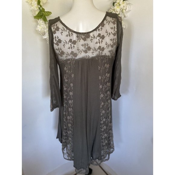 World Market Grey Mini Flare Dress Tunic Women S/M Lace Accents Long Sleeve Vtg - Picture 4 of 16